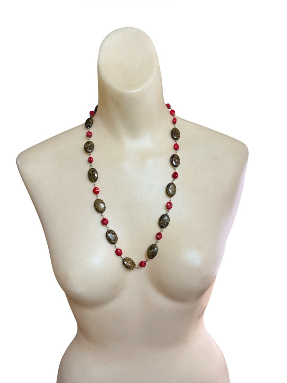 Vintage Sterling Silver Red Coral Tiger Eye Necklace Tiger Eye Necklace 27” - Picture 2 of 5